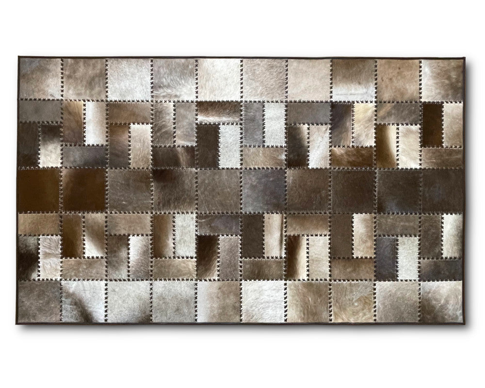 Woven Mosaic Cowhide Rug – Hand-Laced Taupe &amp; Ivory Patchwork Area Rug