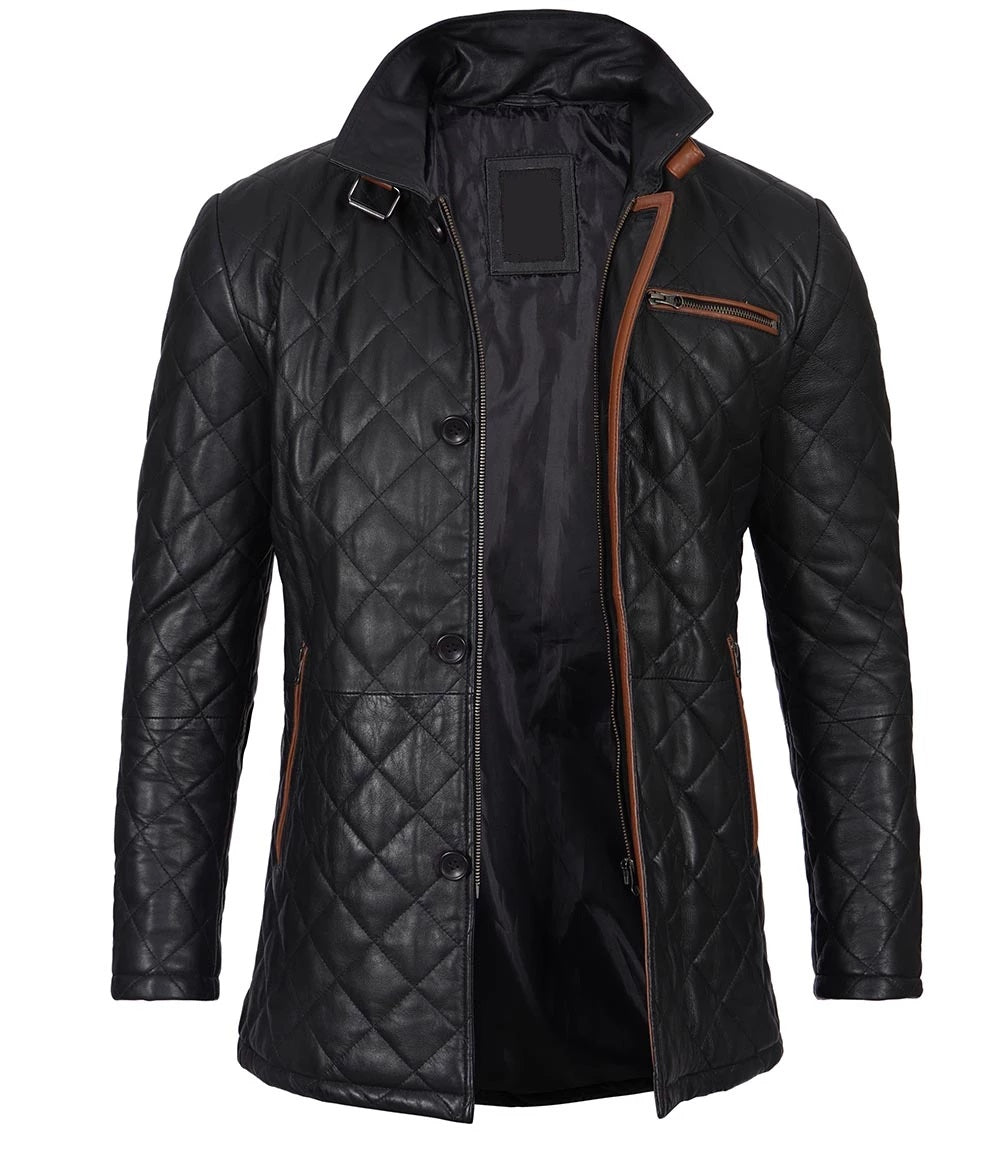 Men's Winter Quilted Leather Coat - Classic Style, Genuine Leather Car Coat