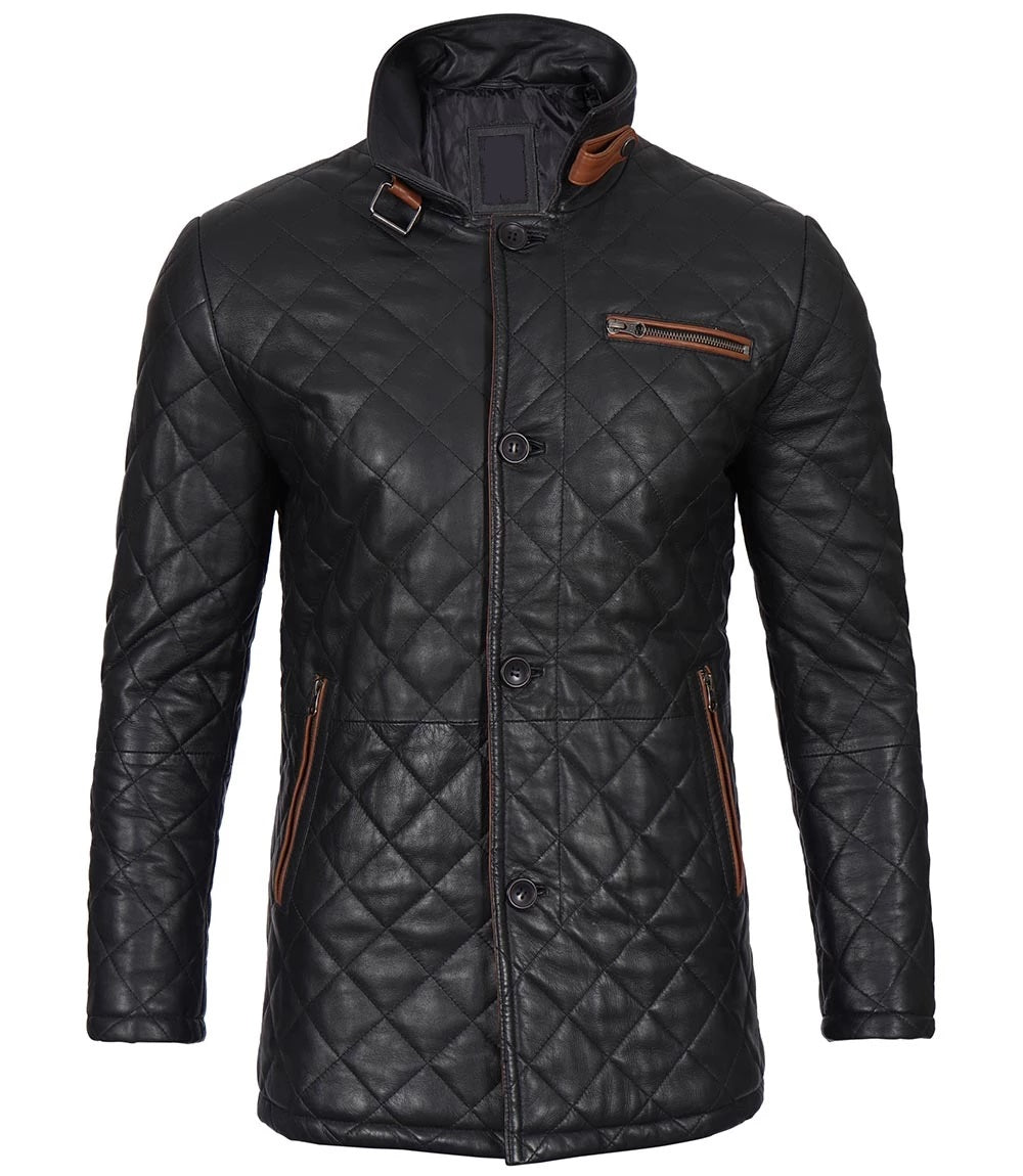 Men's Winter Quilted Leather Coat - Classic Style, Genuine Leather Car Coat