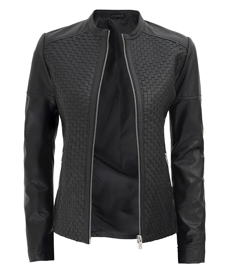 Women's Real Leather Textured Designed Jacket - Cafe Racer Style Textured Leather Jacket