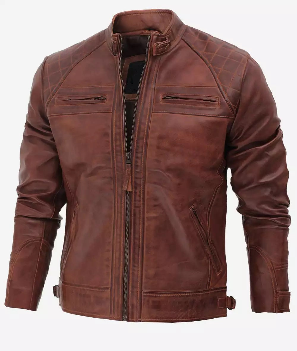 Men's Cafe Racer Leather Jacket - Retro Style Asymmetrical Moto Quilted Shoulder Leather Jacket