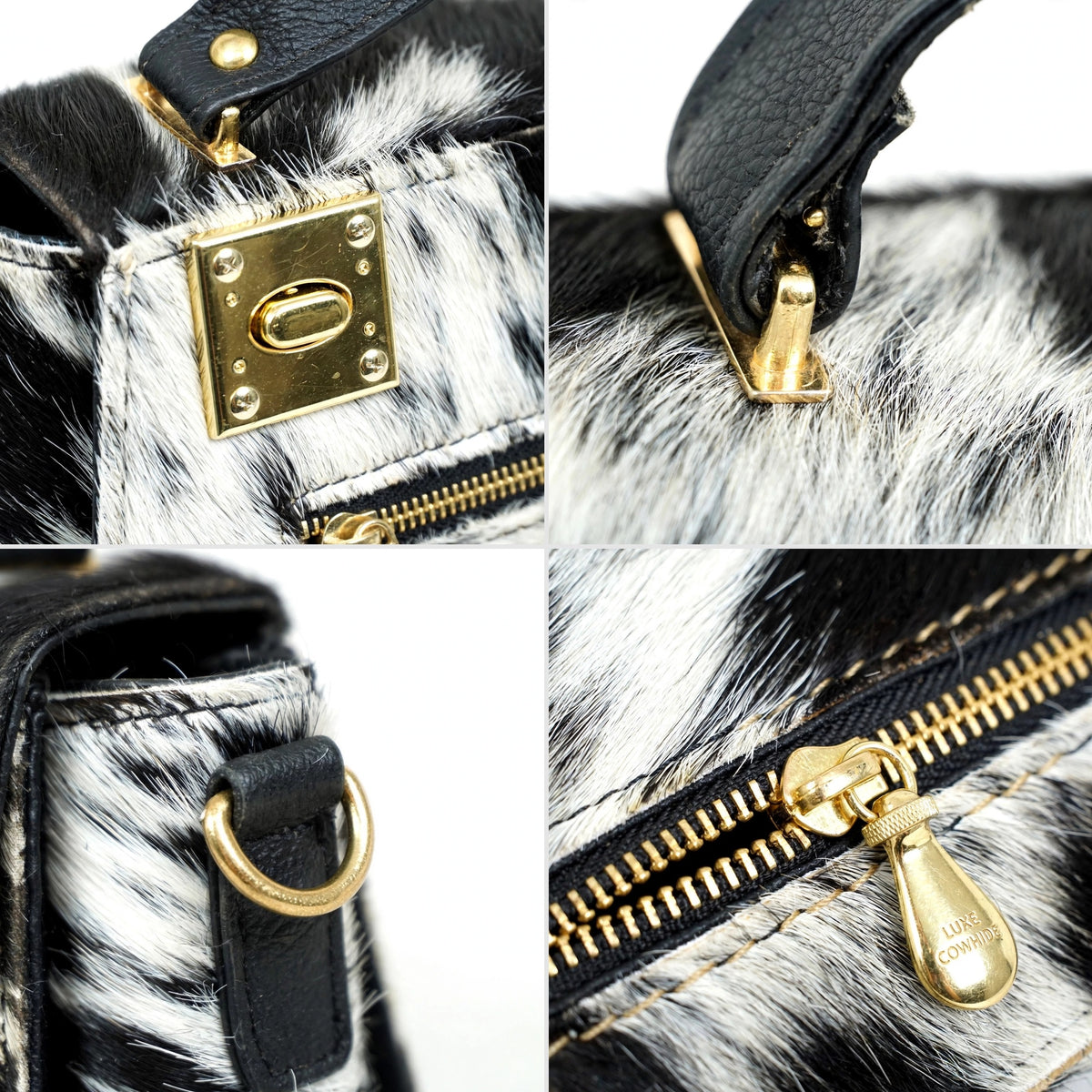 Close up of gold square twist lock closure on cowhide satchel bag