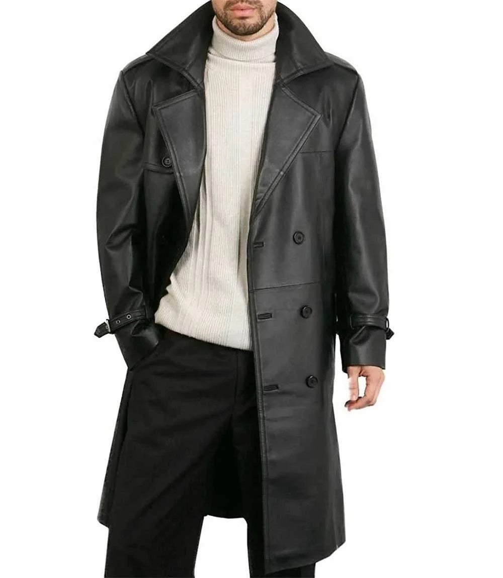 Men's Leather Winter Trench Coat - Classic Style, Genuine Leather, Belted Double Breasted Coat