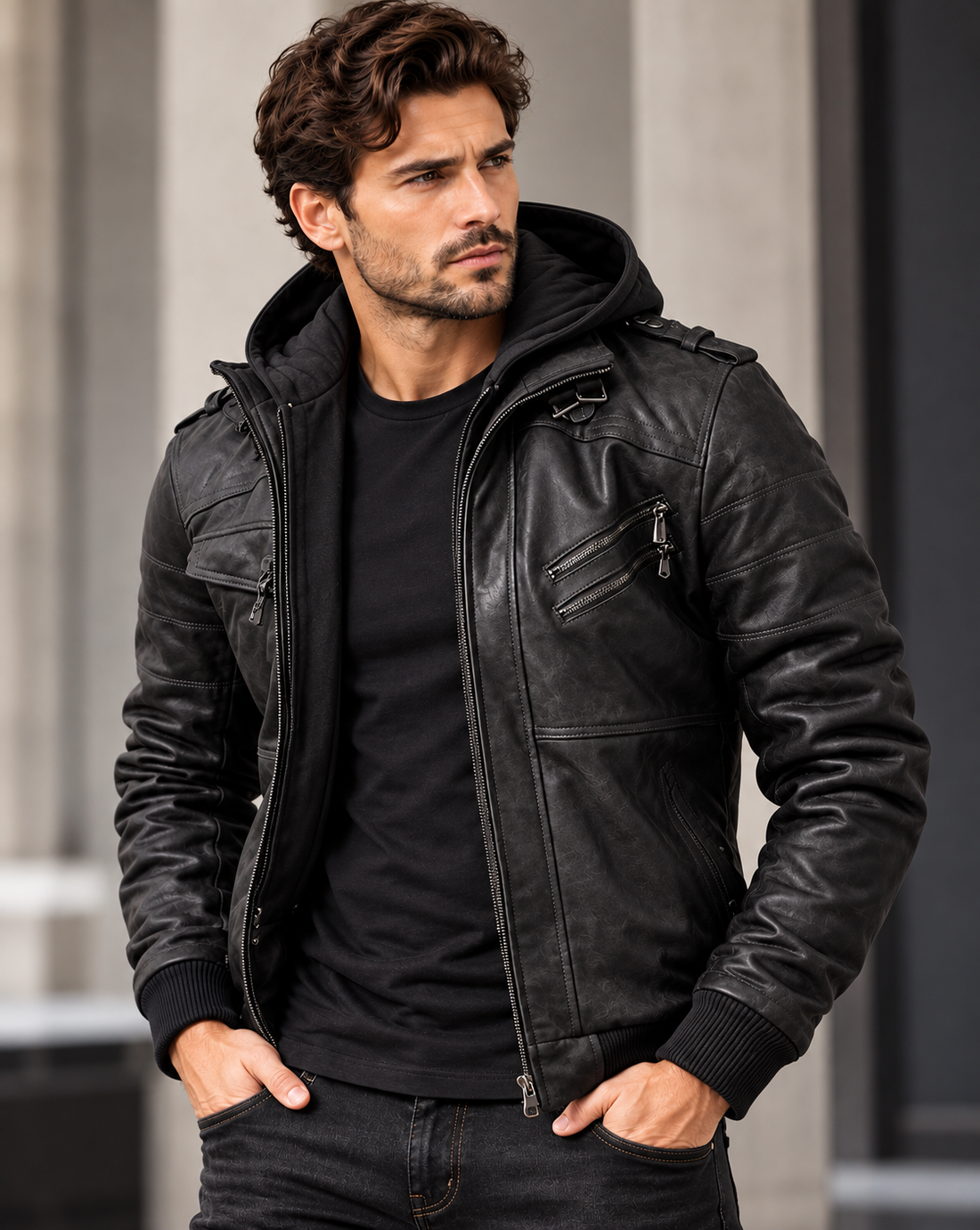Model view of the Men's Genuine Leather Jacket with Detachable Hood for Riding.