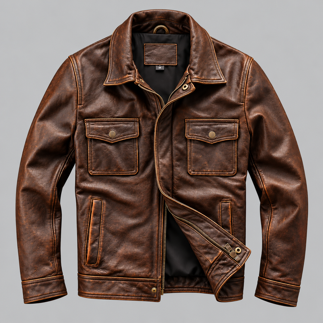 Front view of the Men’s Luxury Genuine Leather Biker Jacket with Zip Closure.