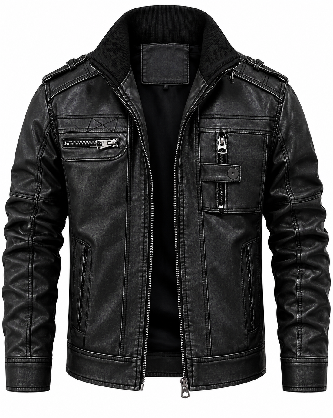 Three-quarter view of the Men's Genuine Leather Biker Jacket - Classic Moto Style Gear.