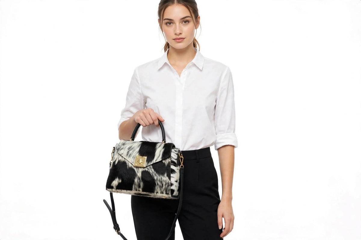 Woman wearing cowhide crossbody satchel bag western boho outfit