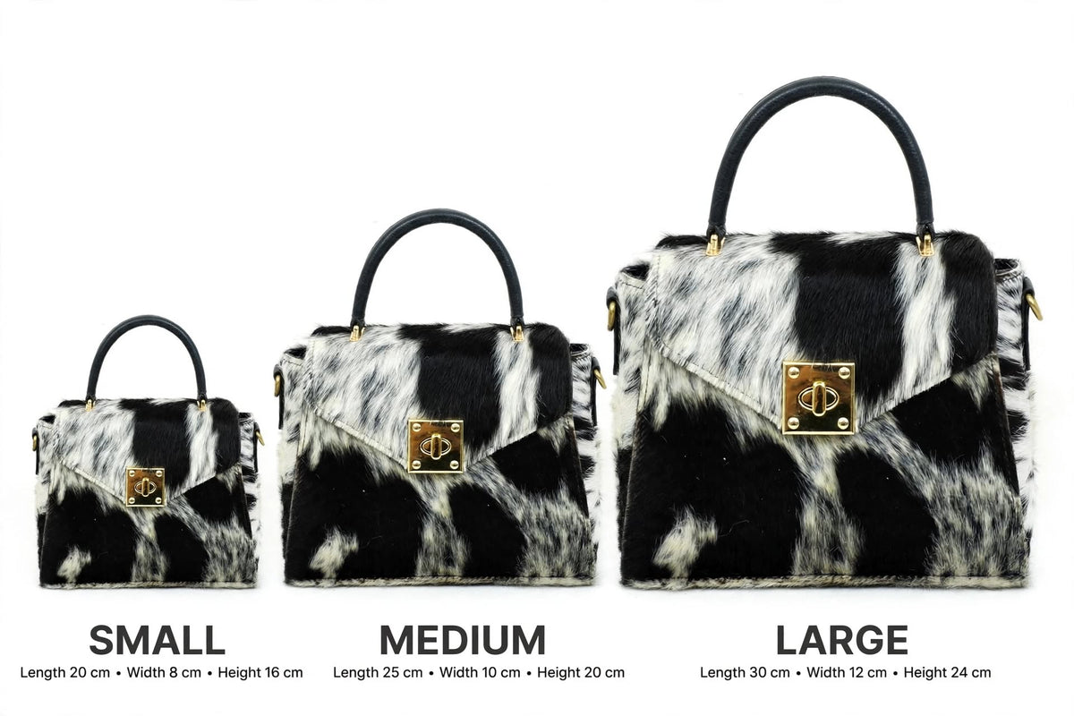 Cowhide satchel bags small medium large size comparison chart showing scale difference