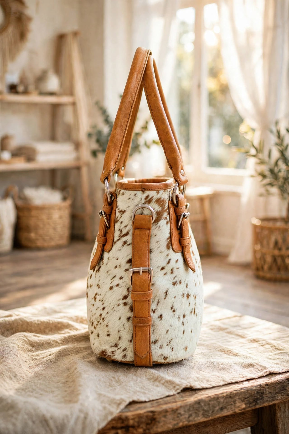 Genuine Hair On Leather Shoulder Bag | Real Cow Skin Ladies Bag| Cowhide Tote Bag | White & Brown Spotted Hair-on-Hide | Double Zipper Tote | Boho Western Tote Bag | Everyday Work Bag