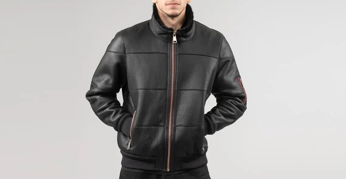 Men's Motorcycle Bomber Leather Jacket with Fur Collar - Genuine Lambskin Leather Cafe Racer Jacket - Classic Casual Leather Jacket