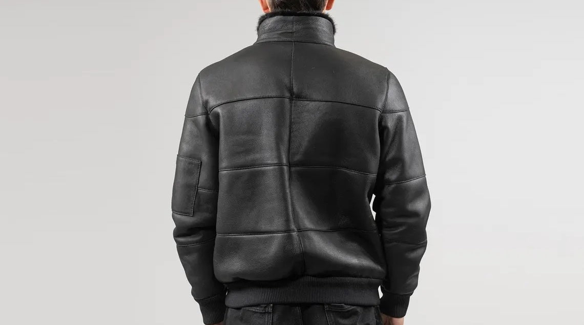 Men's Motorcycle Bomber Leather Jacket with Fur Collar - Genuine Lambskin Leather Cafe Racer Jacket - Classic Casual Leather Jacket