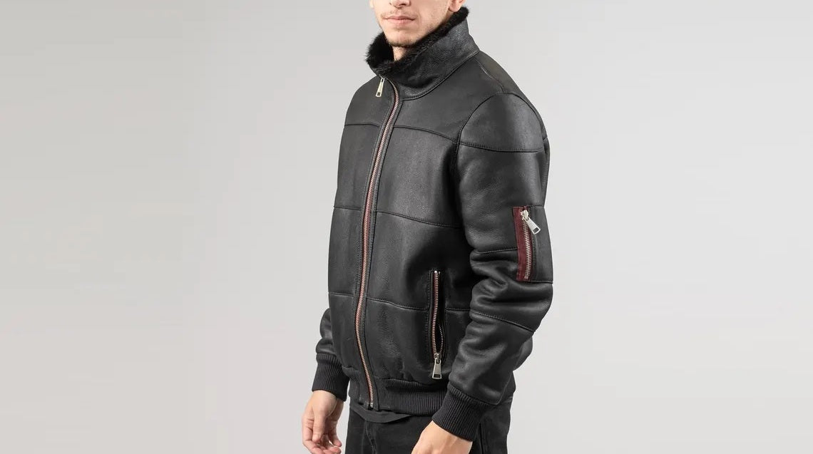 Men's Motorcycle Bomber Leather Jacket with Fur Collar - Genuine Lambskin Leather Cafe Racer Jacket - Classic Casual Leather Jacket