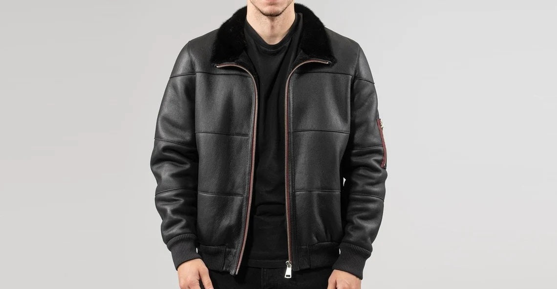 Men's Motorcycle Bomber Leather Jacket with Fur Collar - Genuine Lambskin Leather Cafe Racer Jacket - Classic Casual Leather Jacket