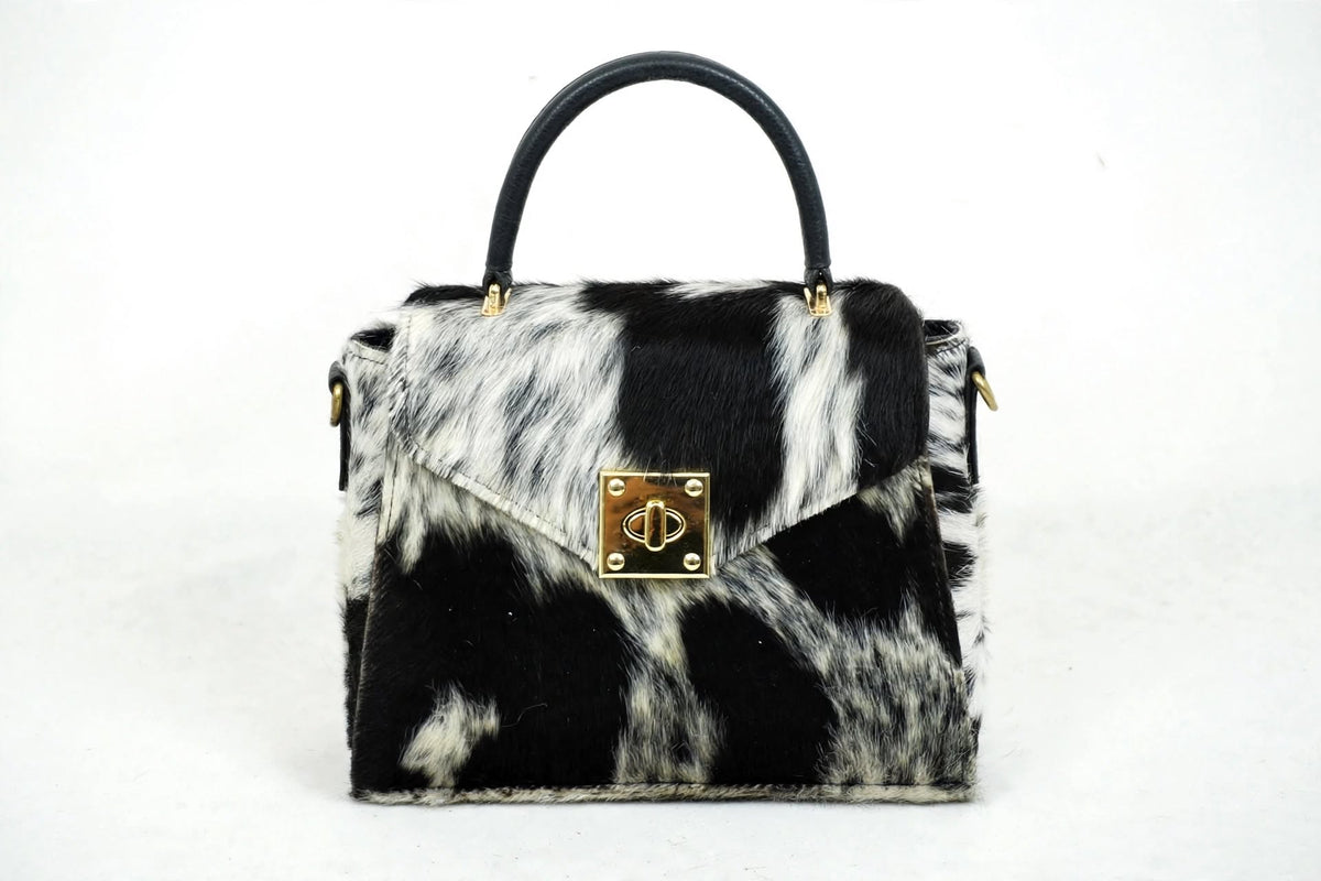 Genuine cowhide hair on hide satchel bag front view - women's crossbody handbag