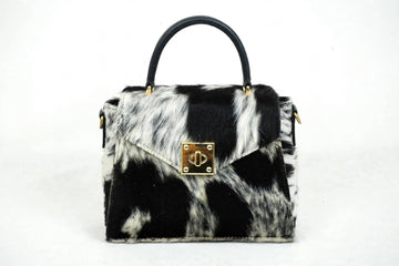 Genuine cowhide hair on hide satchel bag front view - women's crossbody handbag