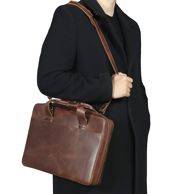 Real Leather Travel 16” Laptop Office Briefcase Satchel Portfolio Document Notebook Tablet Messenger Unisex Bag