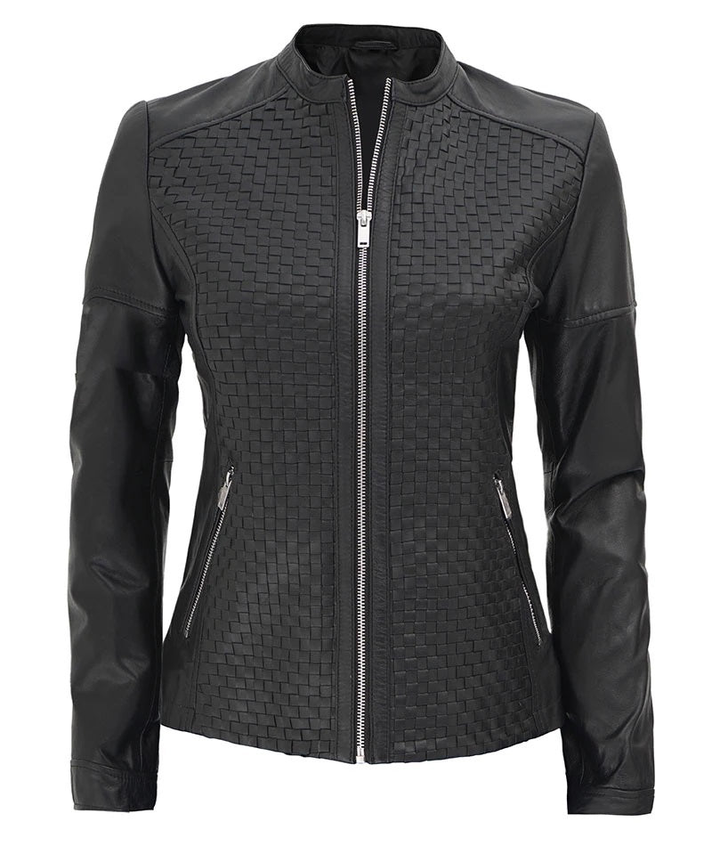 Women's Real Leather Textured Designed Jacket - Cafe Racer Style Textured Leather Jacket