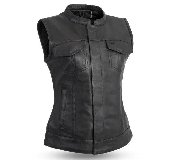 Women's Classic Motorcycle Club Style Leather Vest - Real Lambskin Leather Vest for Females, Ladies Biker Vest