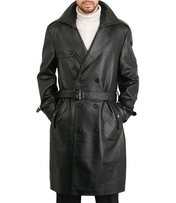 Men's Leather Winter Trench Coat - Classic Style, Genuine Leather, Belted Double Breasted Coat