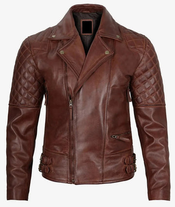 Men's Cafe Racer Leather Jacket - Retro Style Asymmetrical Moto Quilted Shoulder Leather Jacket