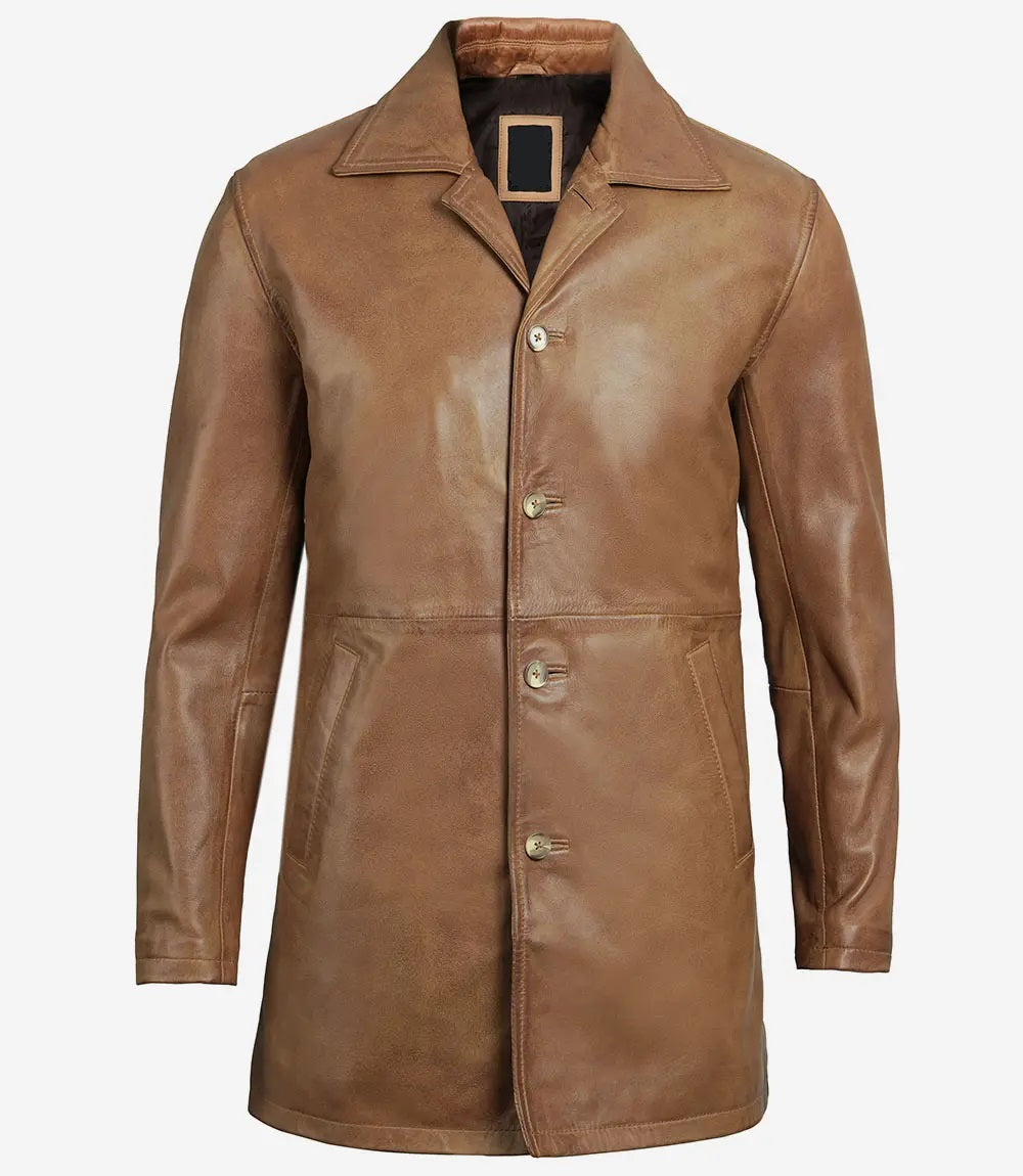 Men's Leather Winter Coat - Classic Vintage Style, 3/4 Length Brown Real Leather Coat