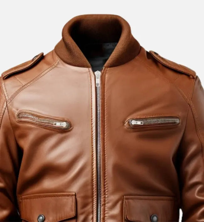 Iconic Sheepskin Strap Pocket Style Leather Bomber Jacket – Brown with Ribbed Collar & Epaulettes