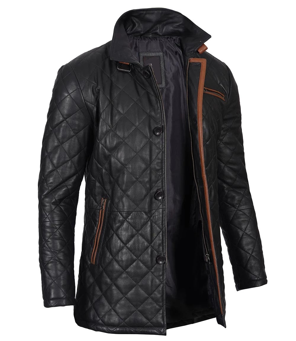 Men's Winter Quilted Leather Coat - Classic Style, Genuine Leather Car Coat