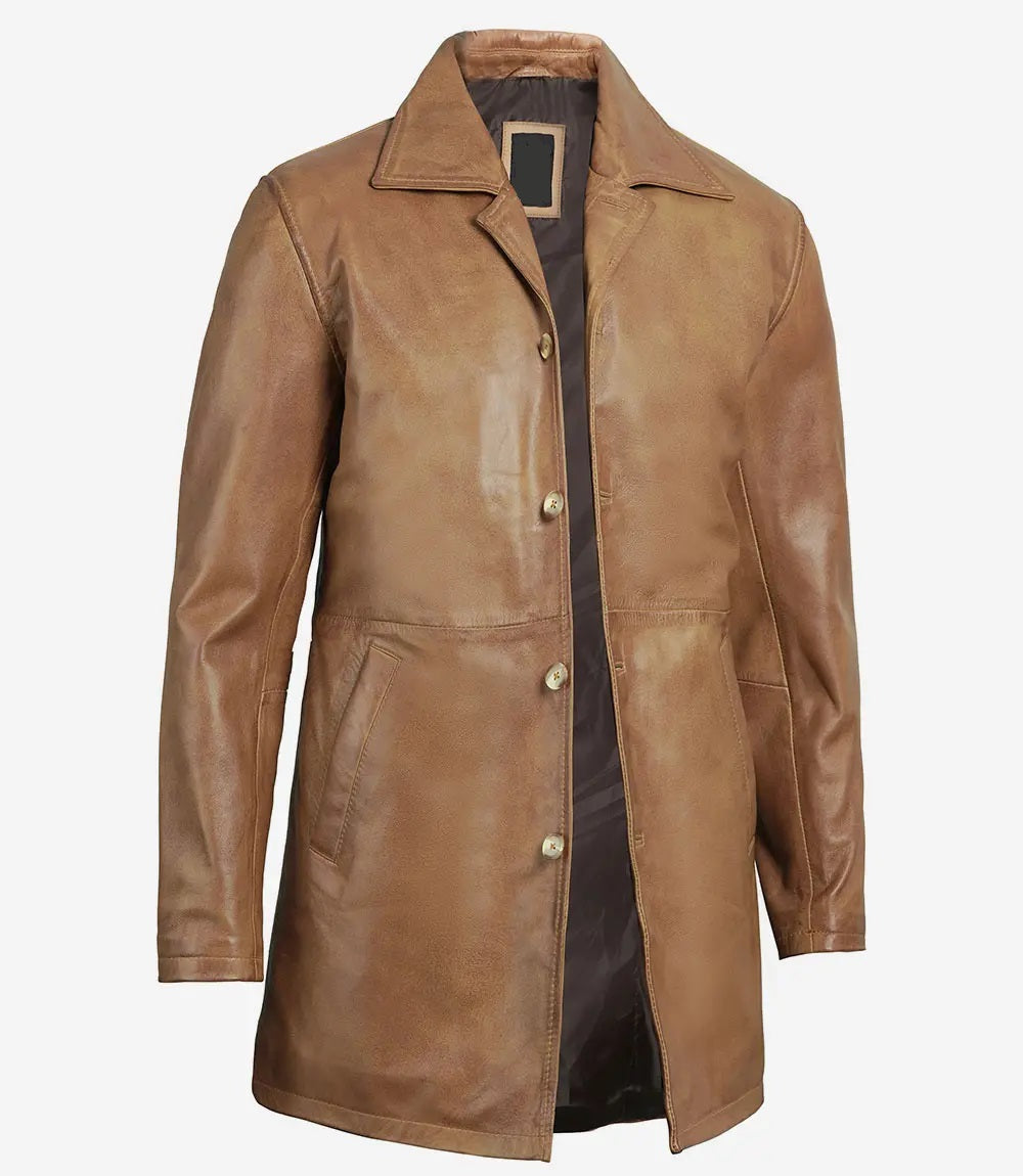 Men's Leather Winter Coat - Classic Vintage Style, 3/4 Length Brown Real Leather Coat