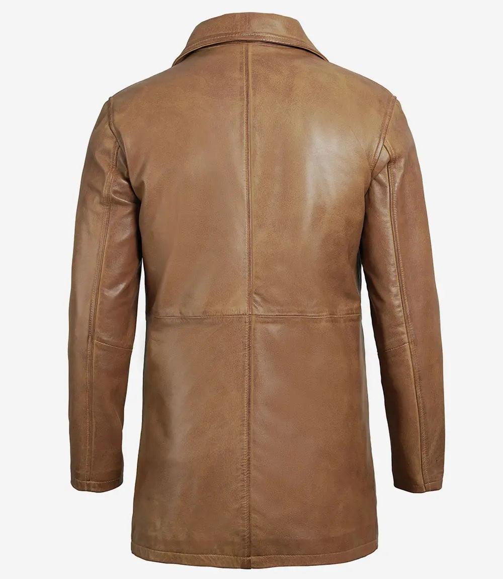 Men's Leather Winter Coat - Classic Vintage Style, 3/4 Length Brown Real Leather Coat