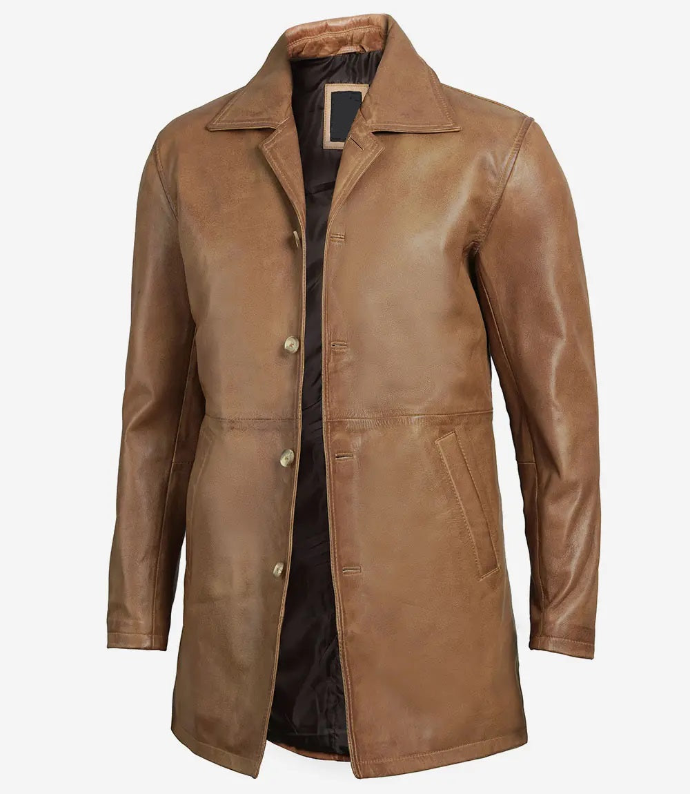 Men's Leather Winter Coat - Classic Vintage Style, 3/4 Length Brown Real Leather Coat