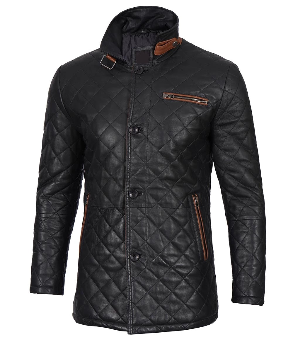 Men's Winter Quilted Leather Coat - Classic Style, Genuine Leather Car Coat