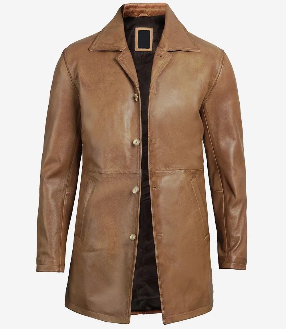 Men's Leather Winter Coat - Classic Vintage Style, 3/4 Length Brown Real Leather Coat
