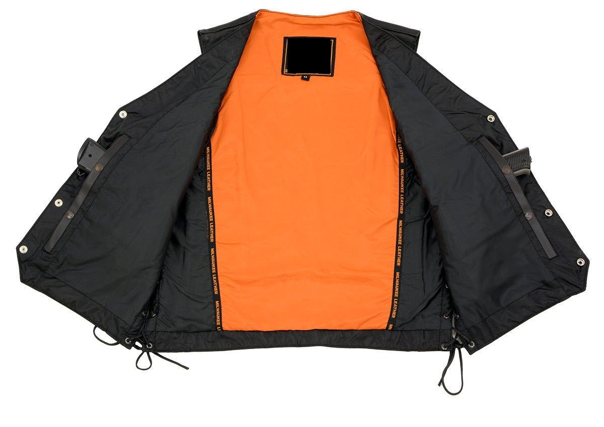 Men's Black Motorcycle Club Style Leather Vest - Western Style Biker Vest - Real Leather Waistcoat