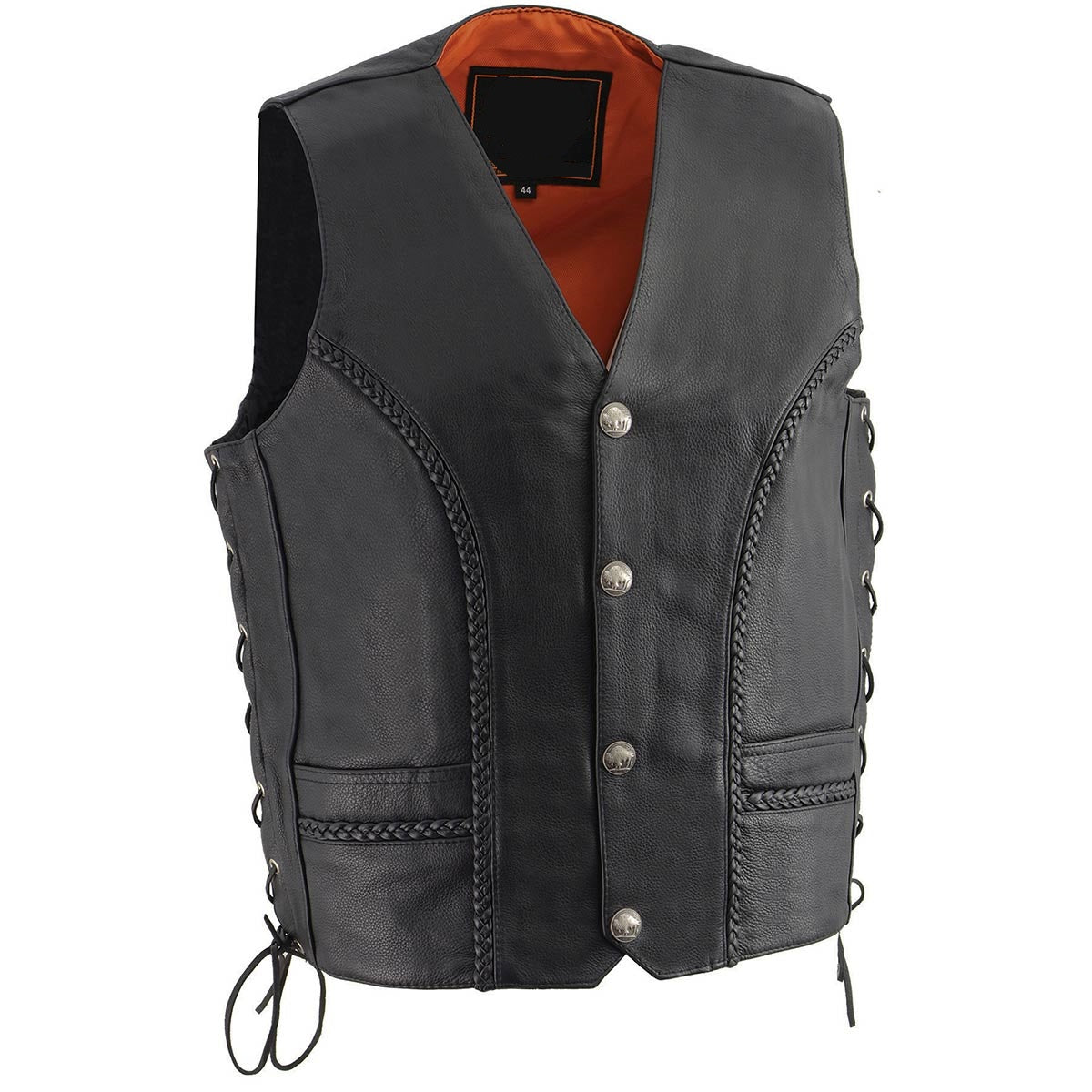 Men's Black Motorcycle Club Style Leather Vest - Western Style Biker Vest - Real Leather Waistcoat