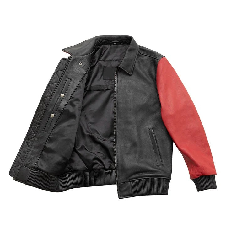Men's Motorcycle Bomber Two Tone Leather Jacket - Genuine Lambskin Leather Cafe Racer Jacket - Biker Jacket