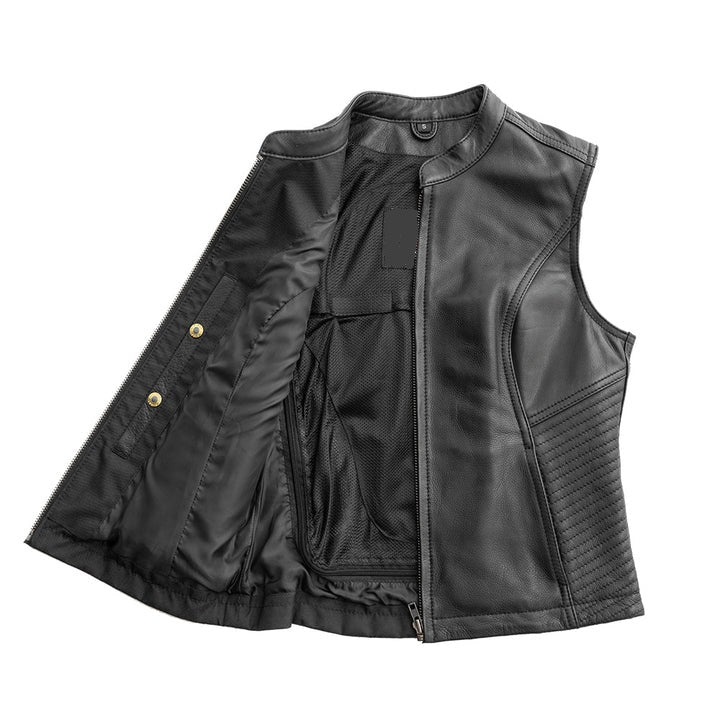 Women's Classic Motorcycle Leather Vest - Real Lambskin Leather Vest for Females, Ladies Biker Vest