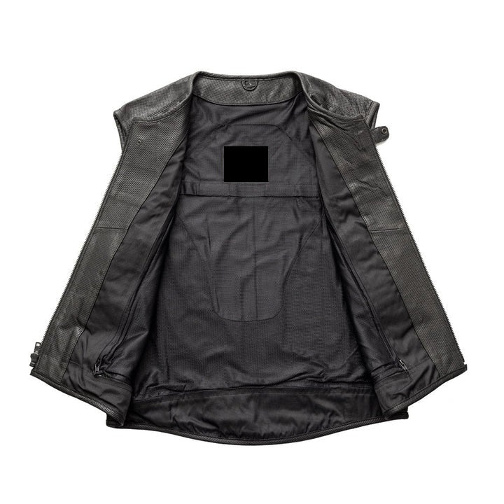 Men's Black Motorcycle Perforated Leather Vest - SWAT Style Biker Vest - Real Leather Waistcoat