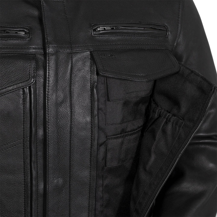 Men's Black Biker Leather Jacket - Genuine Full Grain Leather Cafe Racer Jacket - Motorcycle Jacket