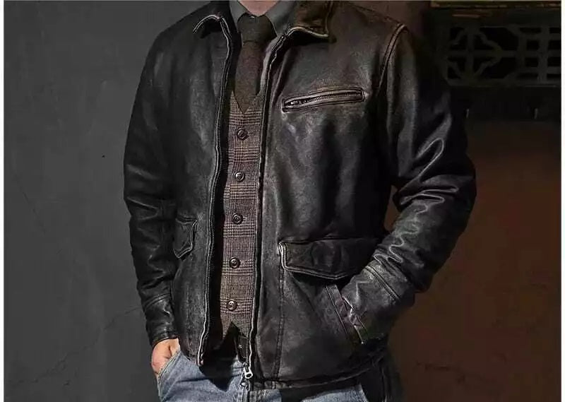 Genuine Distressed Black Leather Jacket - Retro Black Rugged Leather Biker Jacket