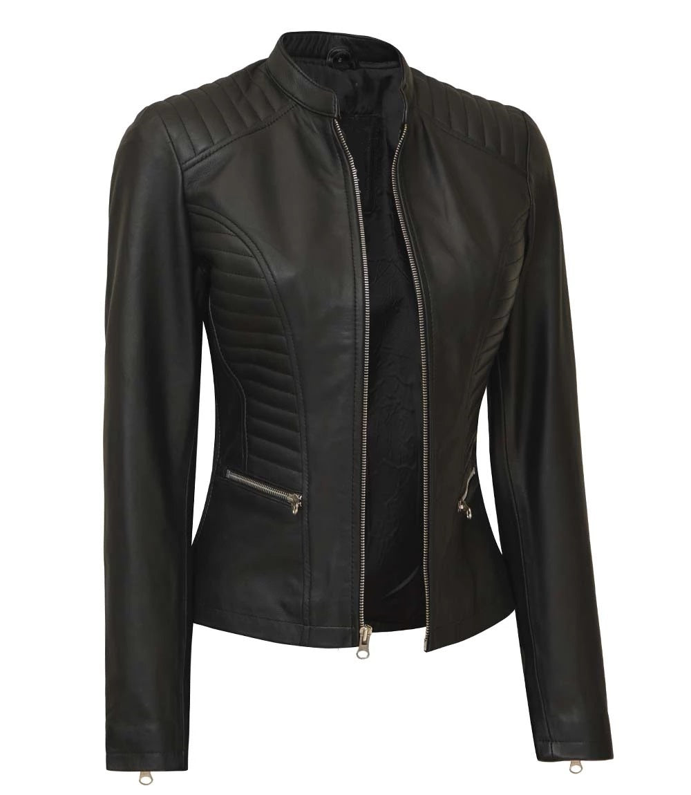 Women's Luxury Lambskin Leather Jacket - Classic Biker Style, Girls Slim Fit Cafe Racer Jacket