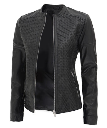 Women's Real Leather Textured Designed Jacket - Cafe Racer Style Textured Leather Jacket