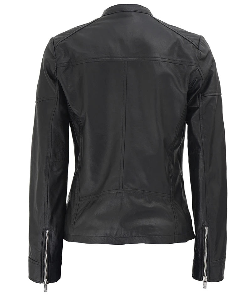 Women's Real Leather Textured Designed Jacket - Cafe Racer Style Textured Leather Jacket