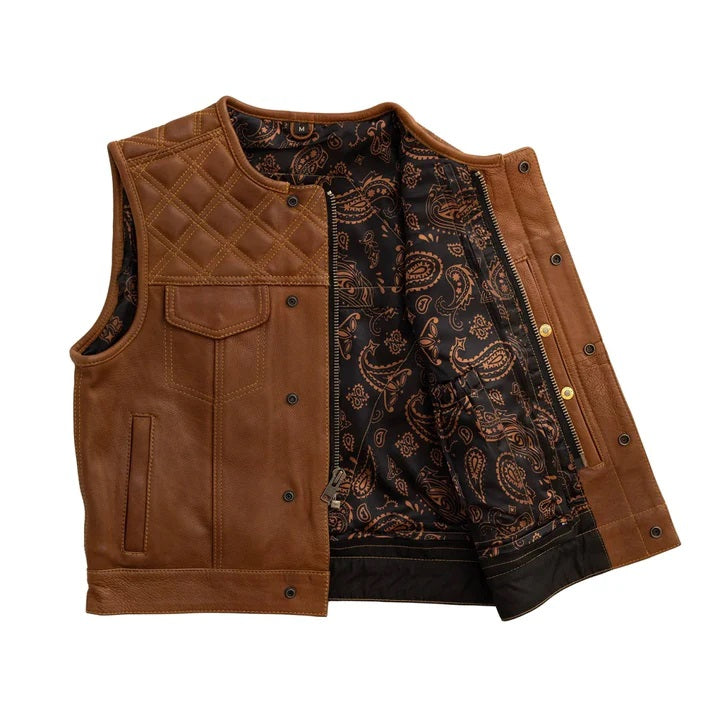 Men's Brown Motorcycle Leather Vest - Western Style Biker Vest - Real Leather Waistcoat