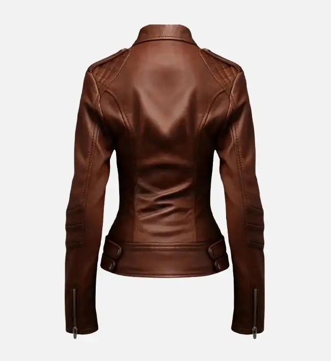 Women Brown Real Leather Biker Jacket, Female's Classic Leather Moto Racer Jacket - Stand-up collar Jacket