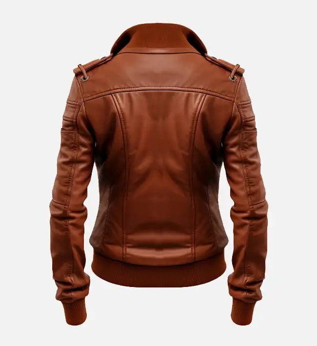 Women Real Leather Brown Bomber Jacket, Female's Classic Shirt Style Leather Jacket