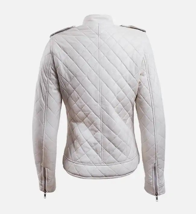Women White Real Leather Puffer Jacket, Female's Classic Leather Moto Racer Jacket