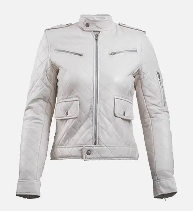 Women White Real Leather Puffer Jacket, Female's Classic Leather Moto Racer Jacket