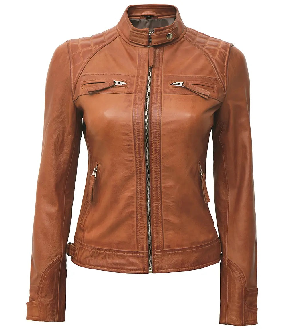 Women's Luxury Lambskin Leather Jacket - Classic Biker Style Rugged Textured Moto Racer Jacket