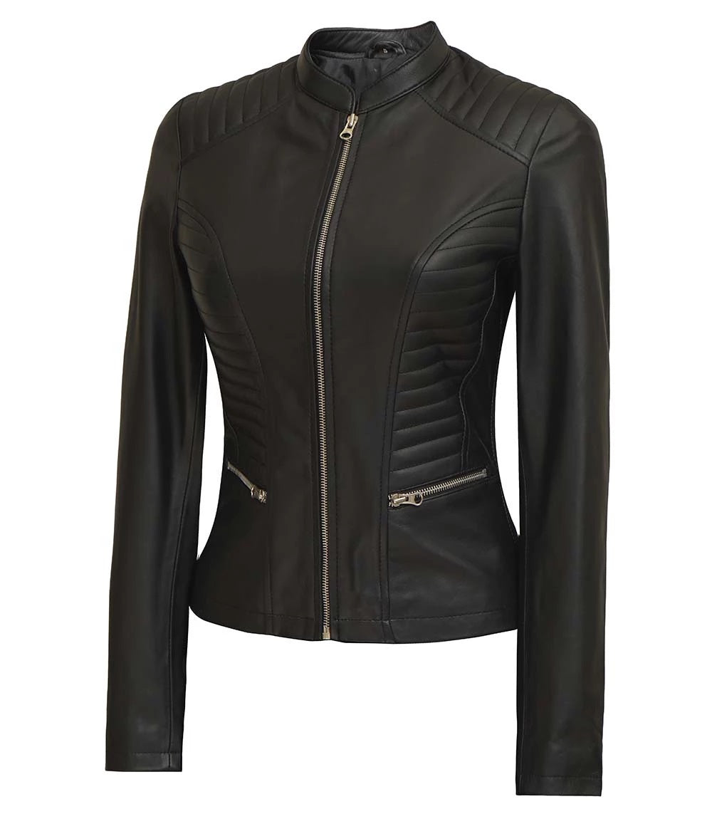 Women's Luxury Lambskin Leather Jacket - Classic Biker Style, Girls Slim Fit Cafe Racer Jacket