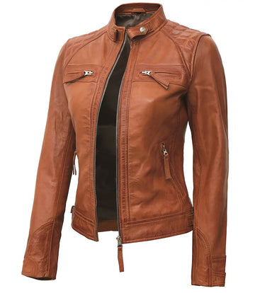 Women's Luxury Lambskin Leather Jacket - Classic Biker Style Rugged Textured Moto Racer Jacket